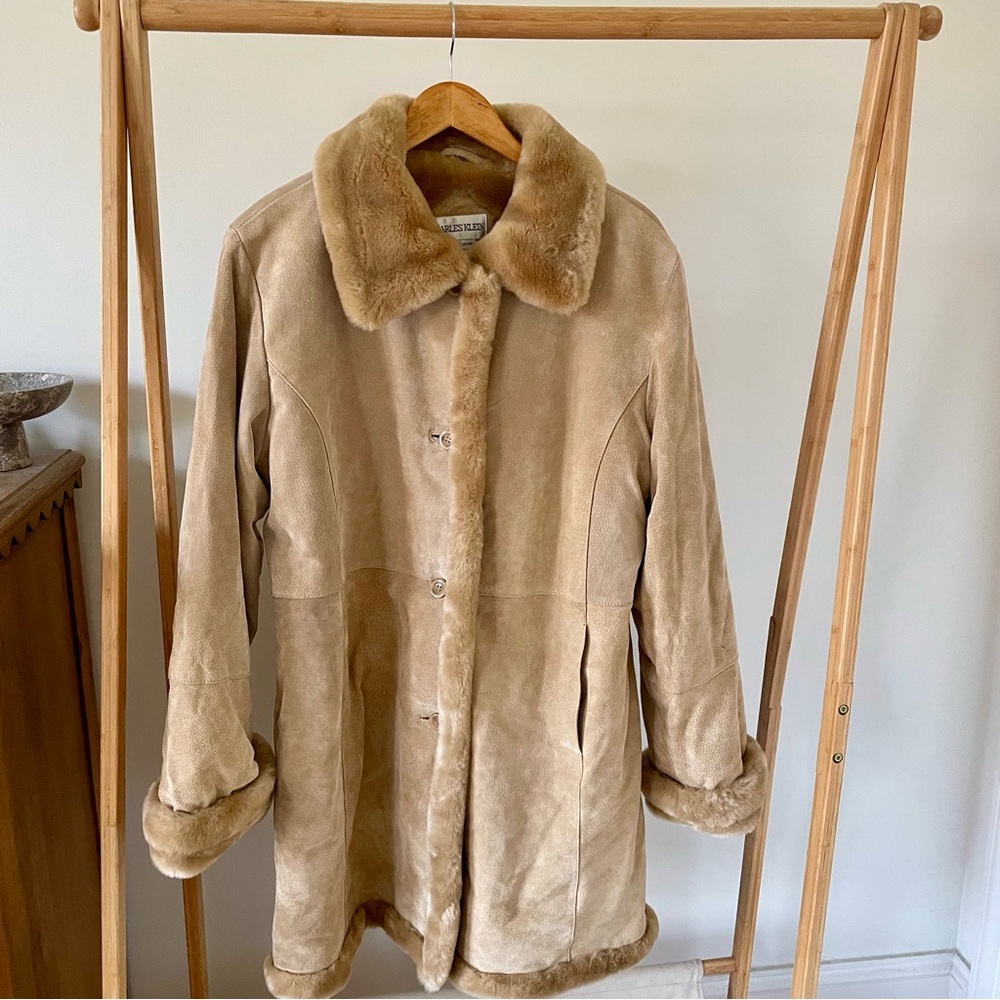 Vintage Suede Leather Faux Fur Penny Lane Longline Coat in Beige Tan